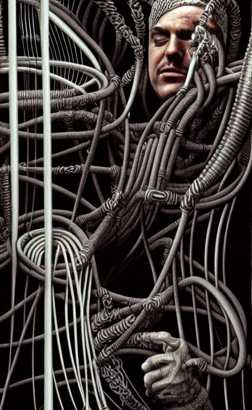 00380-911156457-A businessman entangled in wires and pipes, a movie poster by hr giger.png
