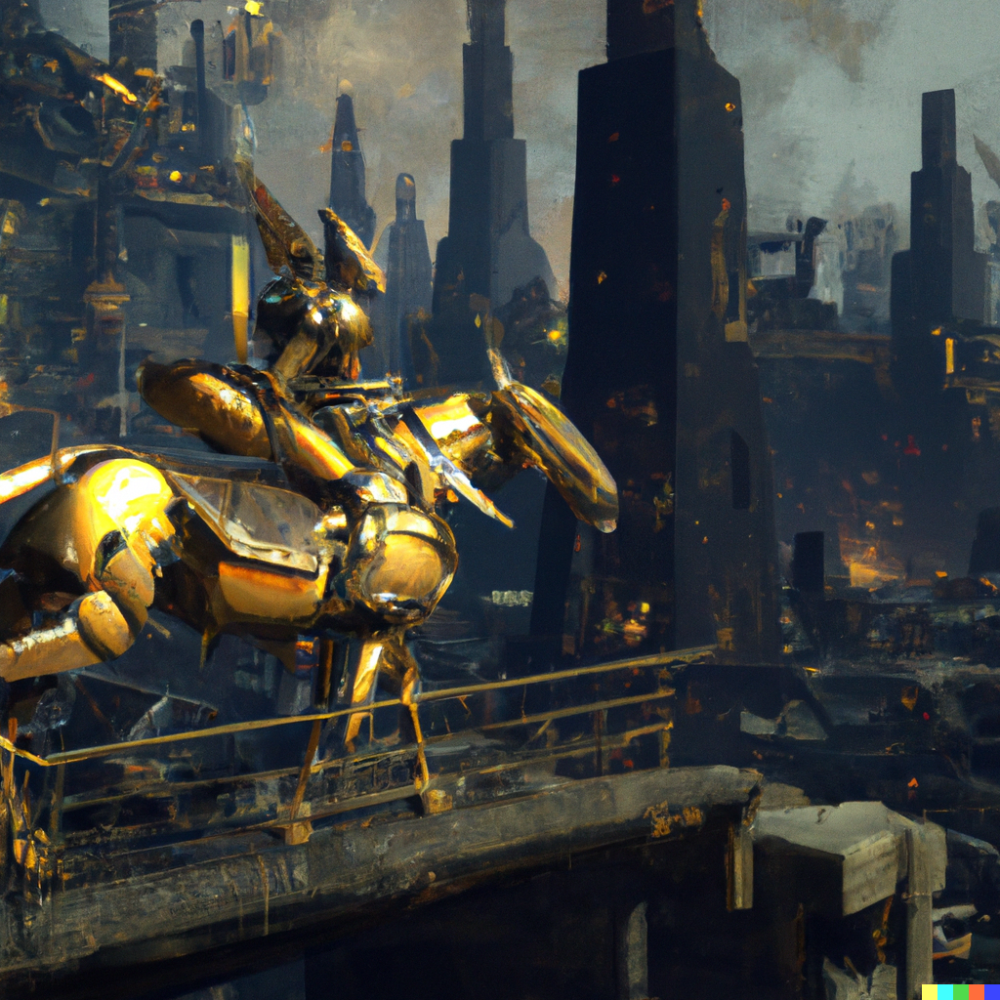 DALL·E 2022-08-16 07.09.21 - a gold robot riding a horse into a gothic future city, digital art.png