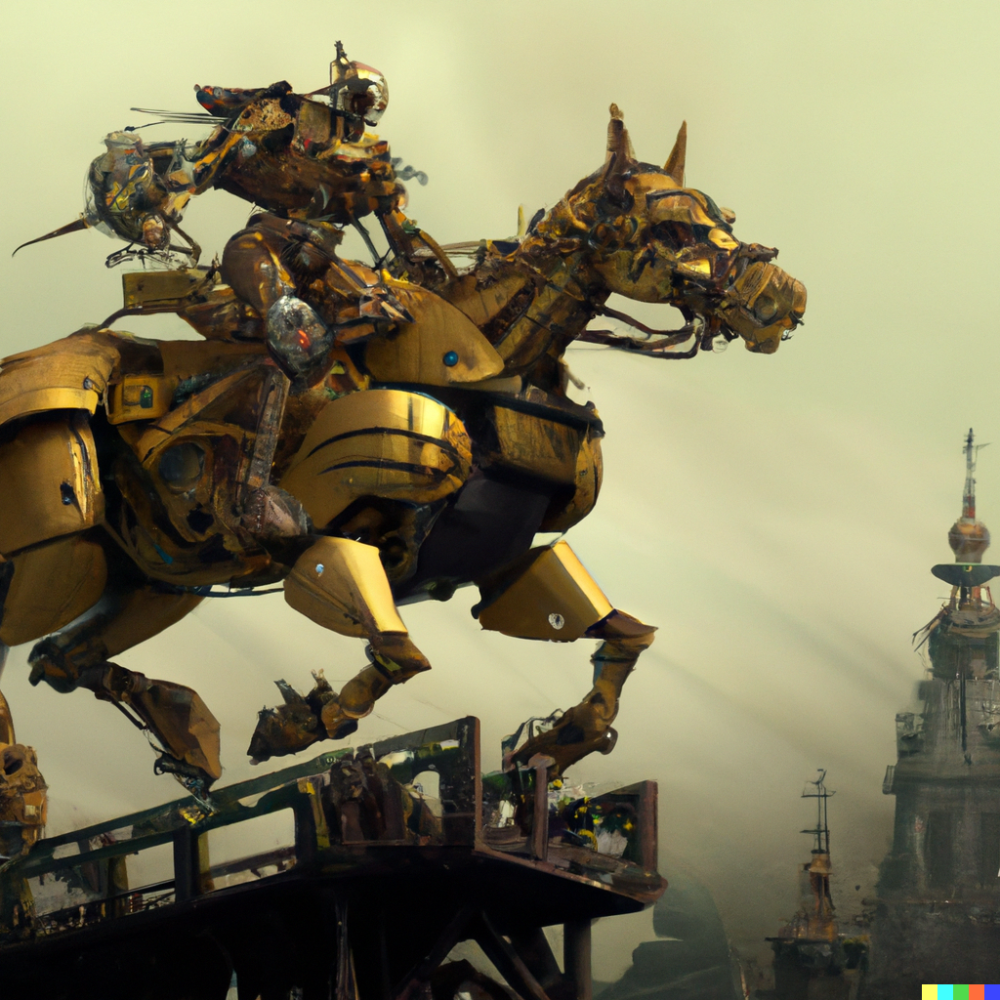 DALL·E 2022-08-16 07.10.45 - a gold robot riding a horse into a gothic future city, 50 mm, dig...png