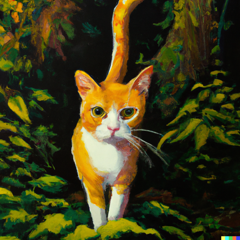 DALL·E 2022-08-17 04.38.43 - an orange and white cat  in the jungle painted by Boris Vallejo.png