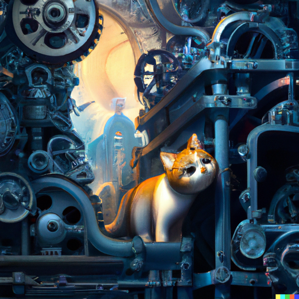 DALL·E 2022-08-17 05.34.15 - an orange and white cat inside a blue and grey mechanical clockwo...png