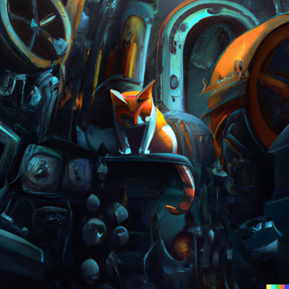 DALL·E 2022-08-17 05.34.57 - an orange and white cat inside a blue and grey mechanical clockwo...png