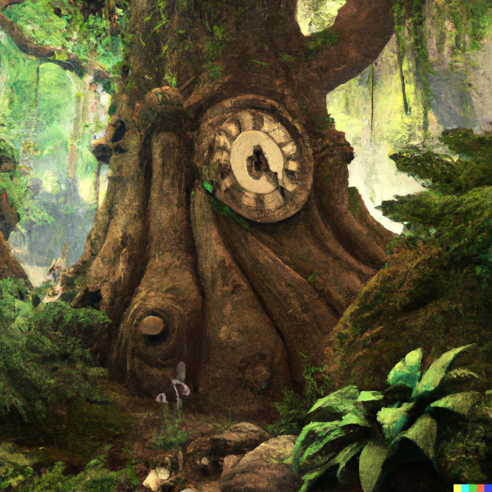 DALL·E 2022-08-18 06.31.58 - a clock tree in a jungle , digital art.png