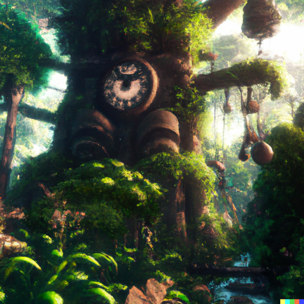 DALL·E 2022-08-18 06.32.40 - a tall clock tree in a jungle , digital art.png