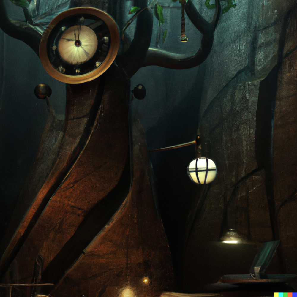 DALL·E 2022-08-18 06.35.17 - a tall clock tree in a cave with light bulbs , digital art.png