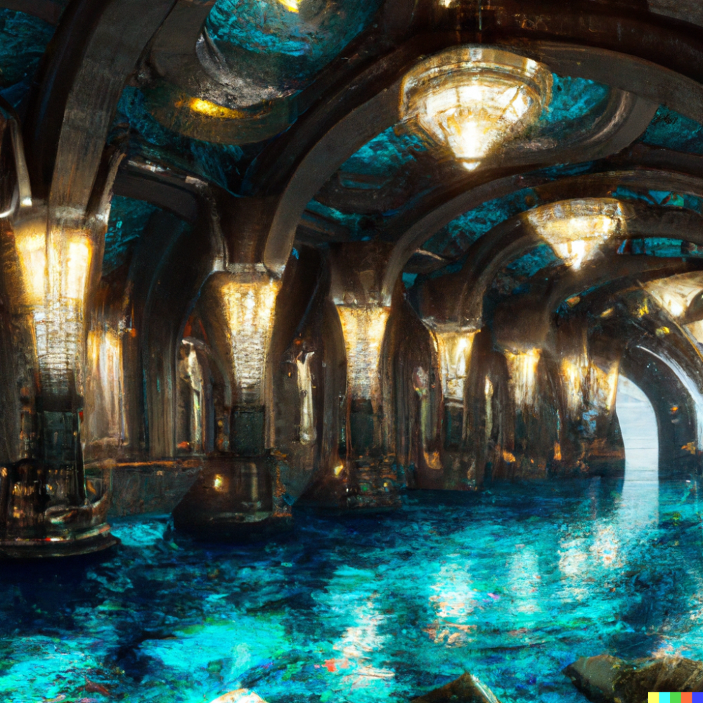 DALL·E 2022-08-18 06.40.37 -  an indoor river with iridescent chandeliers, digital art.png