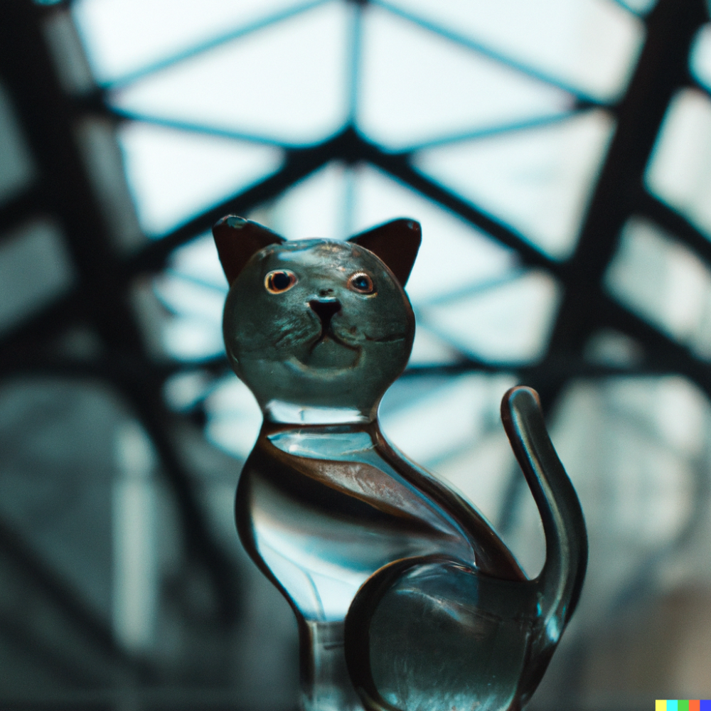 DALL·E 2022-08-18 07.26.34 - a 50mm photo of a cat made of glass inside a building made of glass.png