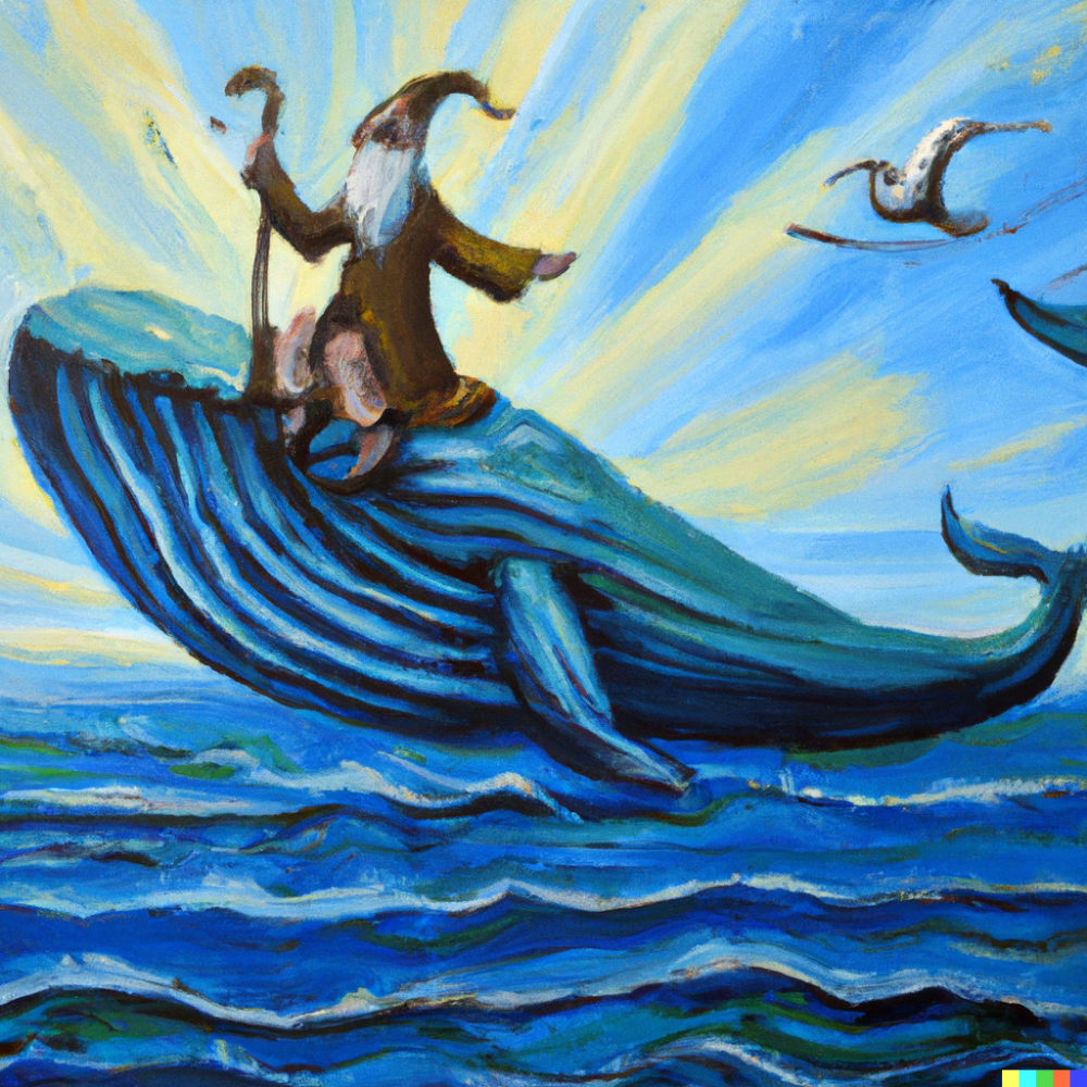 DALL·E 2022-08-26 09.42.54 - An old wizard riding a whale in the ocean on a sunny day, Acrylic...png