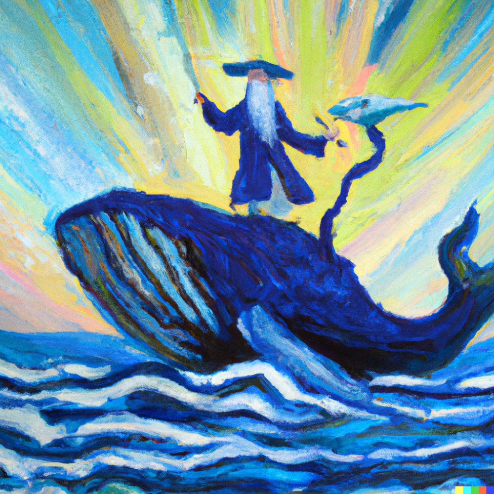 DALL·E 2022-08-26 09.42.59 - An old wizard riding a whale in the ocean on a sunny day, Acrylic...png