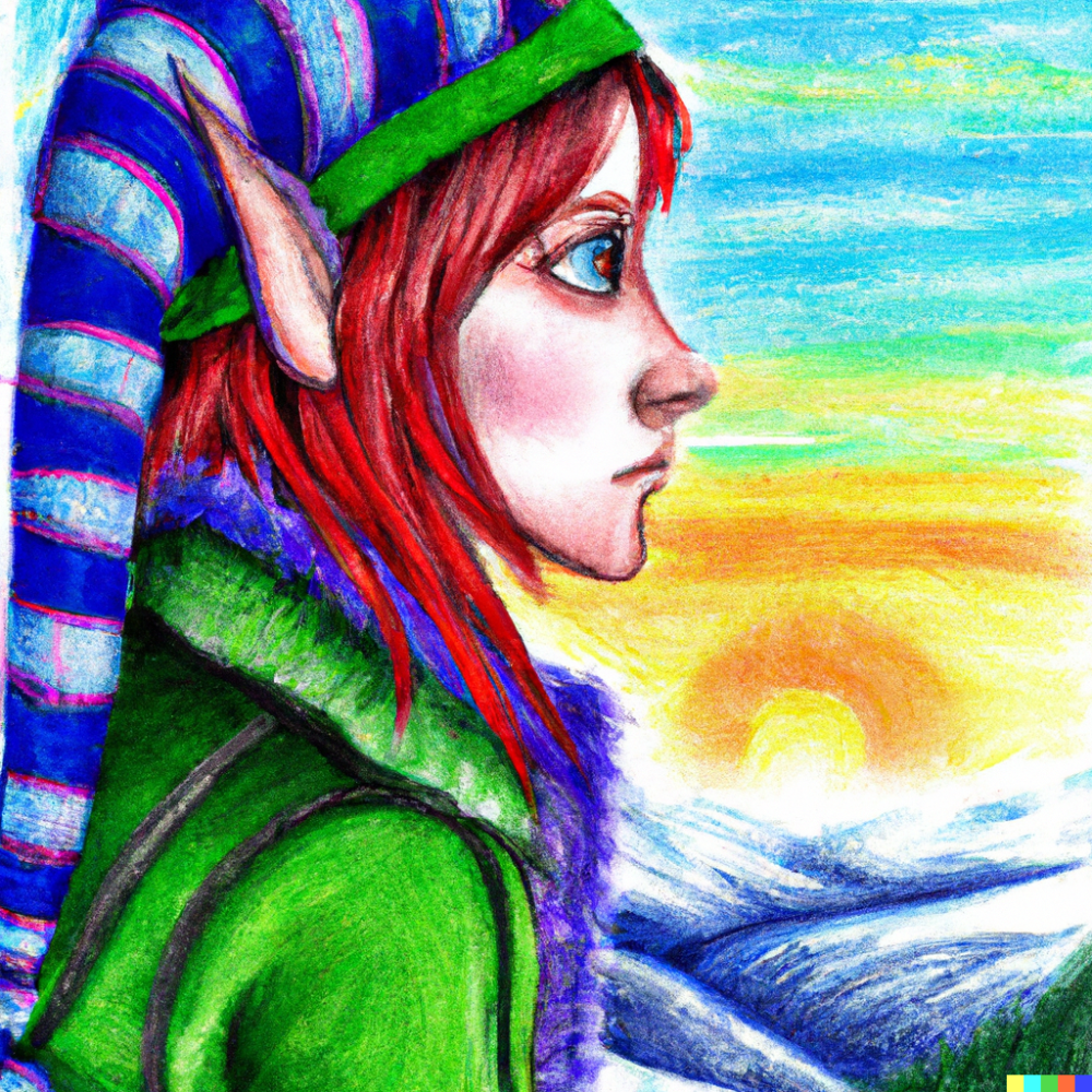 DALL·E 2022-08-26 09.44.10 - A Christmas elf with red hair overlooking the snowy mountains at ...png