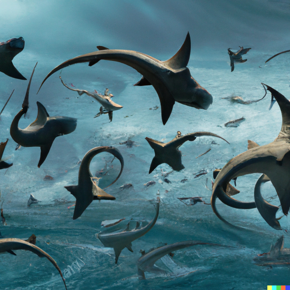 DALL·E 2022-08-26 09.48.39 - a cyclone of hammerhead sharks in the air above the ocean during ...png