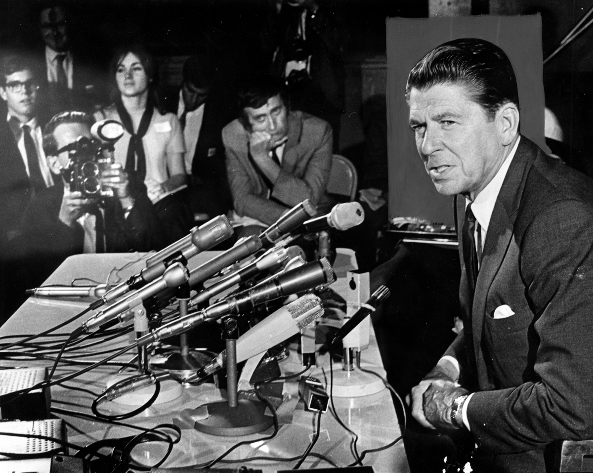 (R): A still of Ronald Reagan in THE REAGANS, The Hollywood Myth Machine. Photo credit: Los Angeles Public Library.