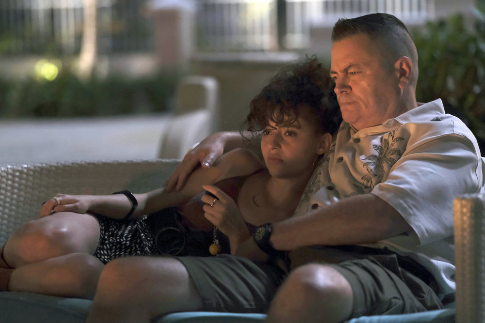 THE RESORT -- Episode 102 -- Pictured: (l-r) Nina Bloomgarden as Violet, Nick Offerman as Murray -- (Photo by: Luis Vidal/Peacock)