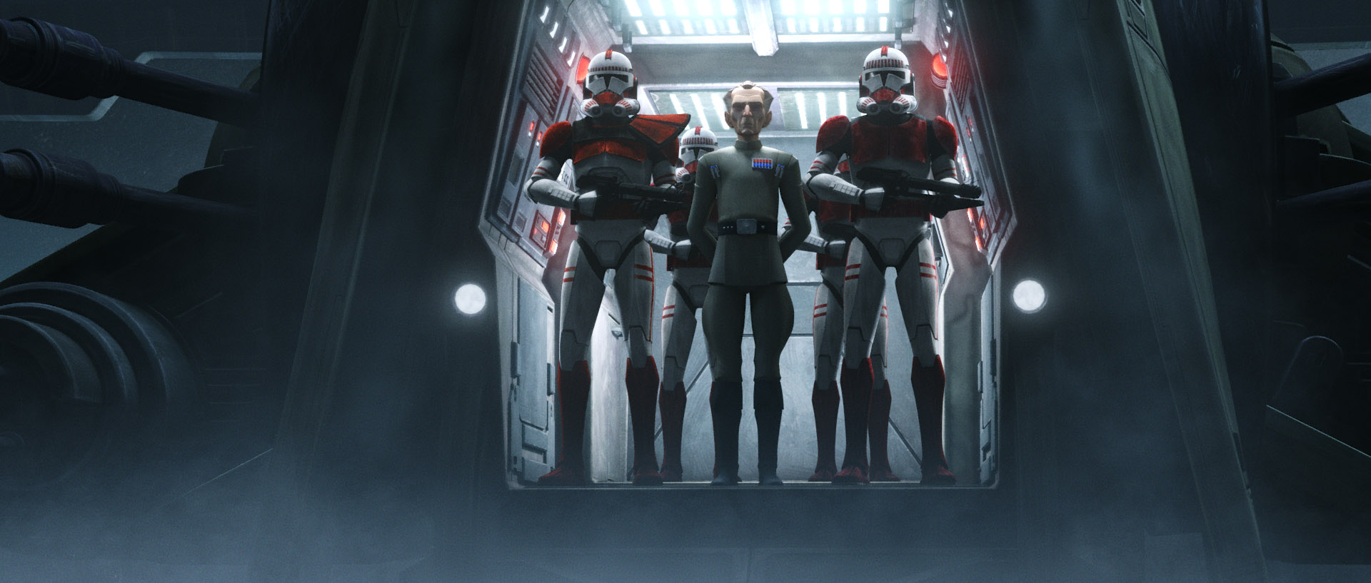Admiral Tarkin in a scene from STAR WARS: THE BAD BATCH, exclusively on Disney+. © 2021 Lucasfilm Ltd. & ™. All Rights Reserved.