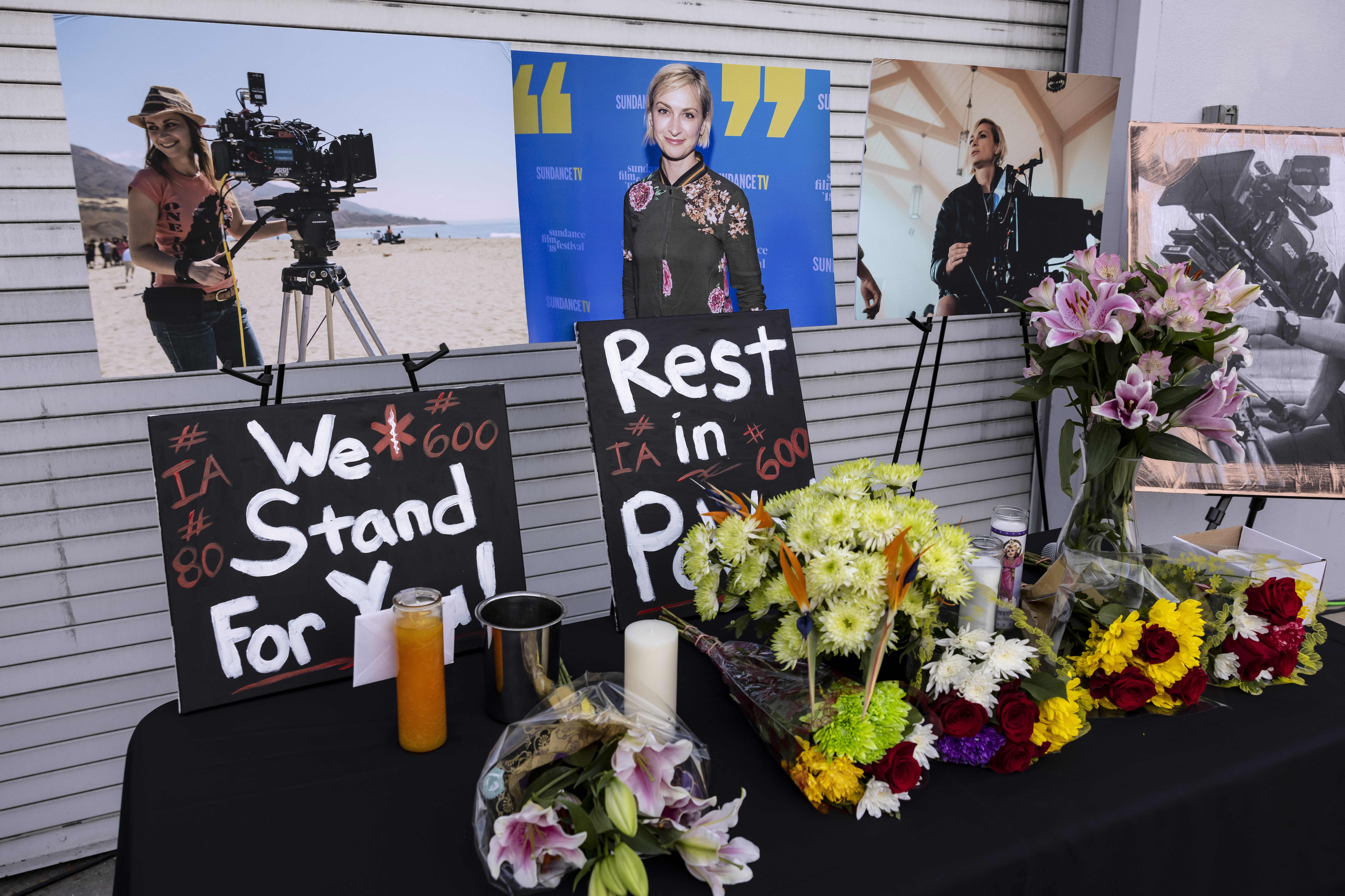 Members of IASTE Local 80, The International Alliance of Theatrical Stage Employees, held a candlelight vigil for fellow member Halyna Hutchins. Halyna was killed by a prop gun on the movie set of Rust,  she was the cinematographer. 10/24/2021 Burbank, CA USA (Photo by Ted Soqui/Sipa USA)(Sipa via AP Images)