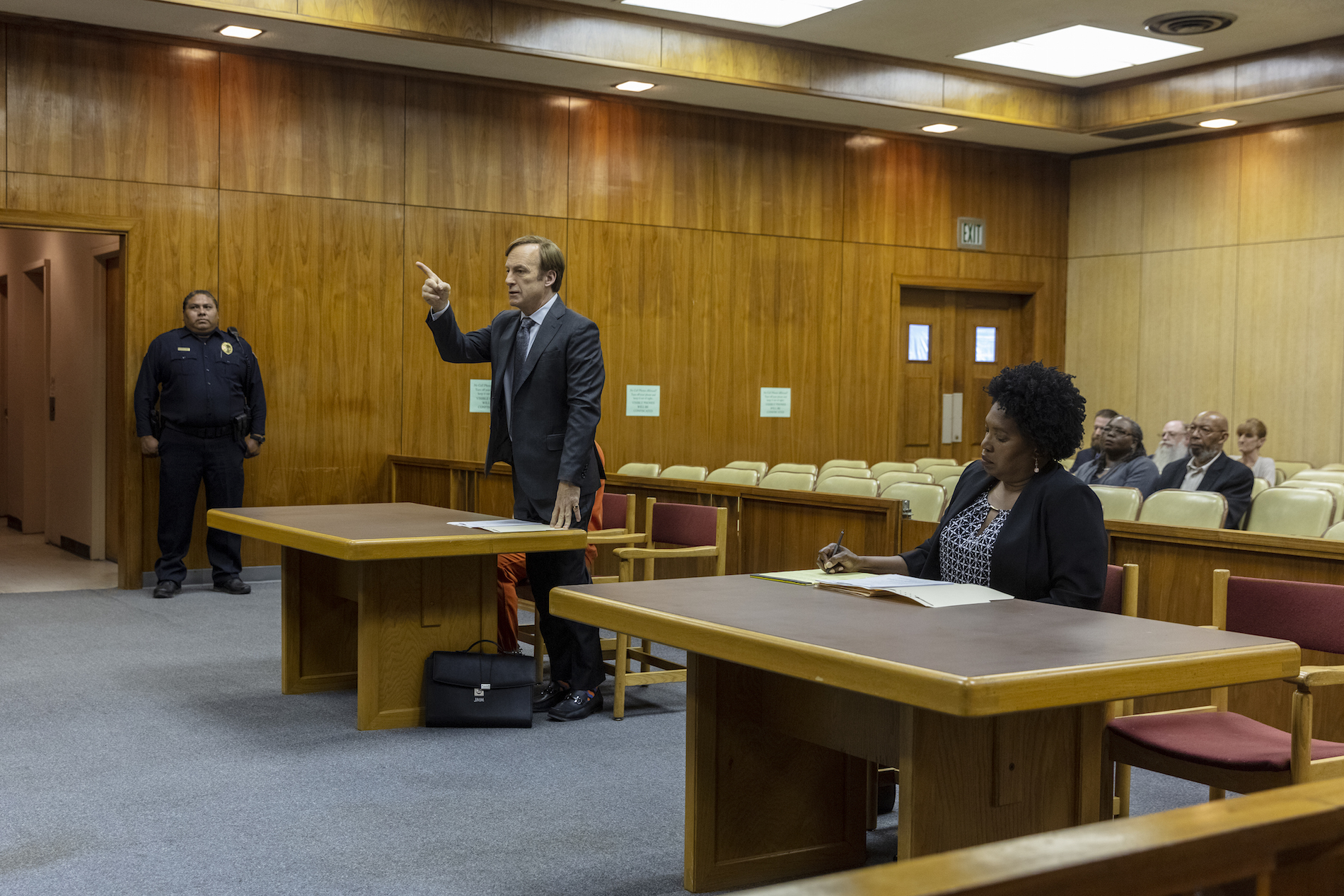 Bob Odenkirk as Jimmy McGill, Saidah Arrika Ekulona ADA Gina Khalil - Better Call Saul _ Season 5, Episode 7 - Photo Credit: Greg Lewis/AMC/Sony Pictures Television