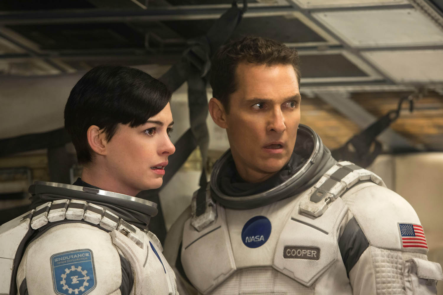 Left to right: Matthew McConaughey and Anne Hathaway in INTERSTELLAR, from Paramount Pictures and Warner Brothers Entertainment.