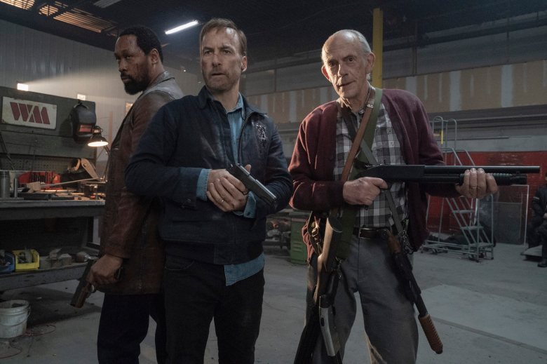 (from left) Harry Mansell (RZA), Hutch Mansell (Bob Odenkirk) and David Mansell (Christopher Lloyd) in Nobody, directed by Ilya Naishuller.