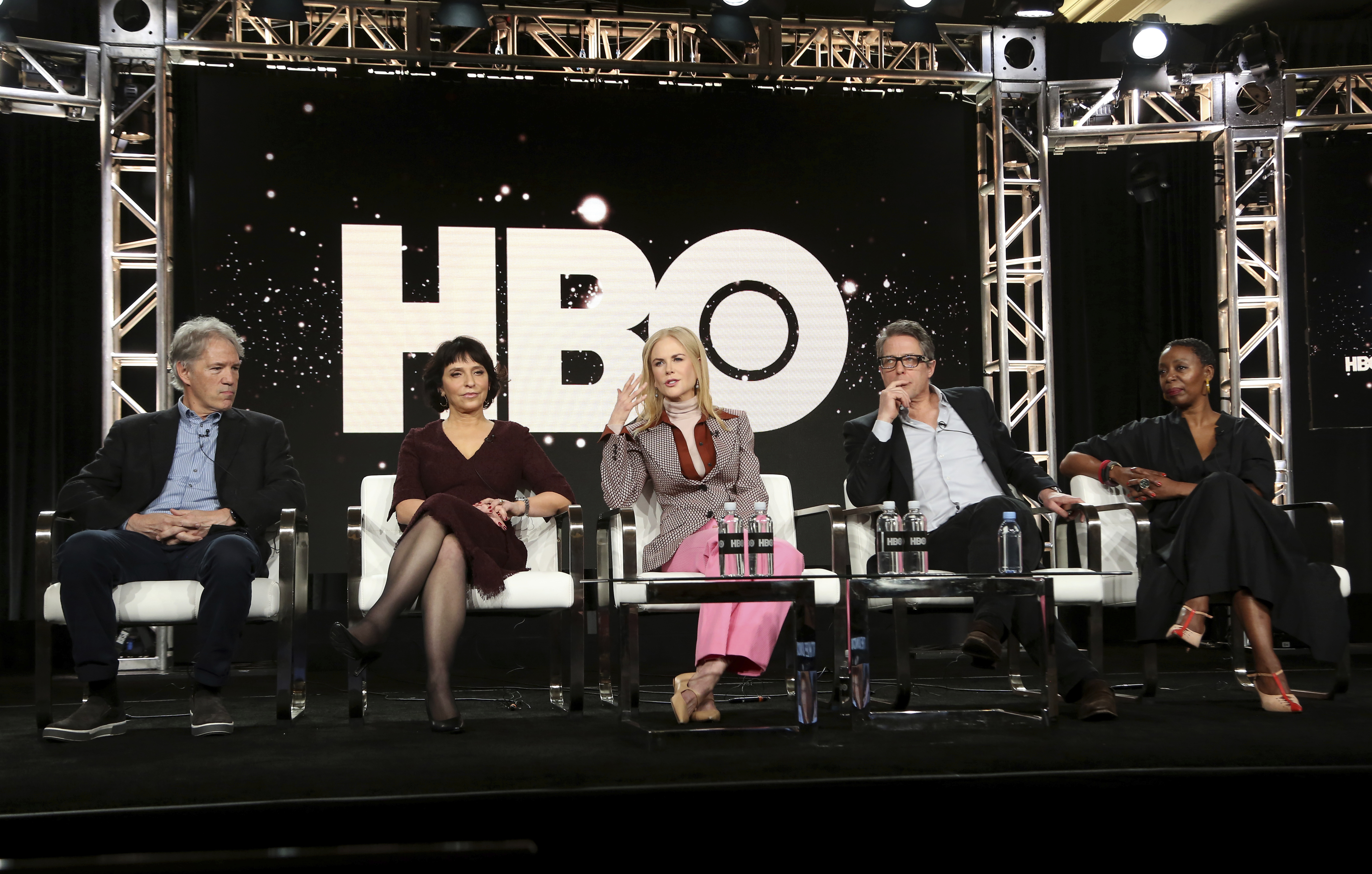 David E. Kelley, from left, Susanne Bier, Nicole Kidman, Hugh Grant and Noma Dumezweni speak at the The Undoing panel during the HBO TCA 2020 Winter Press Tour at the Langham Huntington on Wednesday, Jan. 15, 2020, in Pasadena, Calif. (Photo by Willy Sanjuan/Invision/AP)
