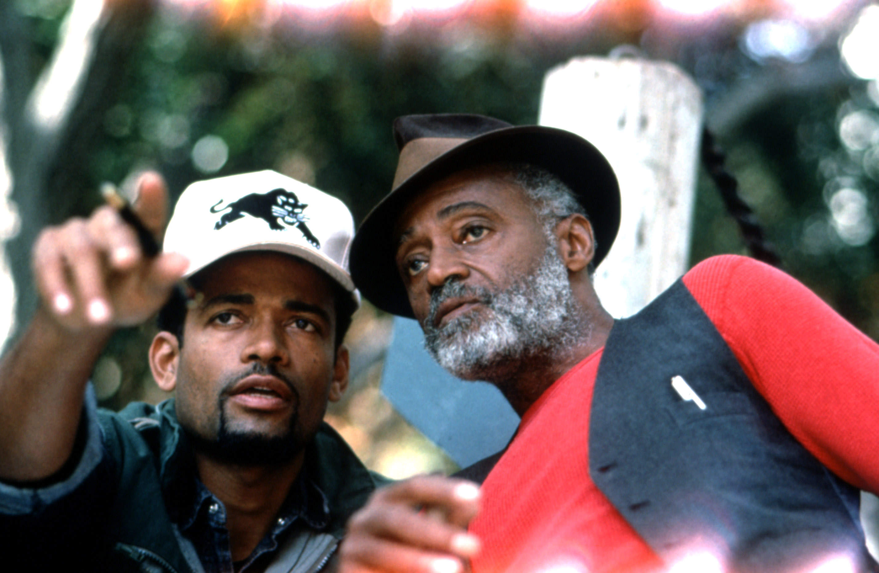 PANTHER, director Mario Van Peebles with father/writer Melvin Van Peebles on set, 1995, (c)Gramercy Pictures/courtesy Everett Collection