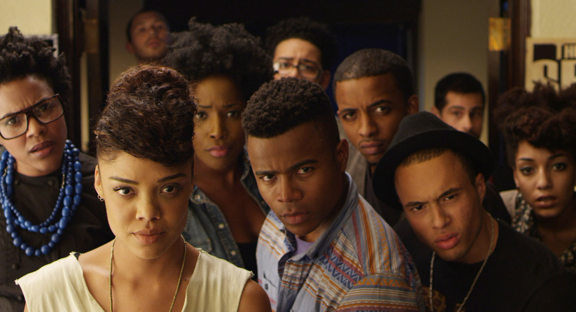 DEAR WHITE PEOPLE, front, from left: Tessa Thompson, Tyler James Williams, Brandon P Bell, 2014. ©Roadside Attractions/courtesy Everett Collection