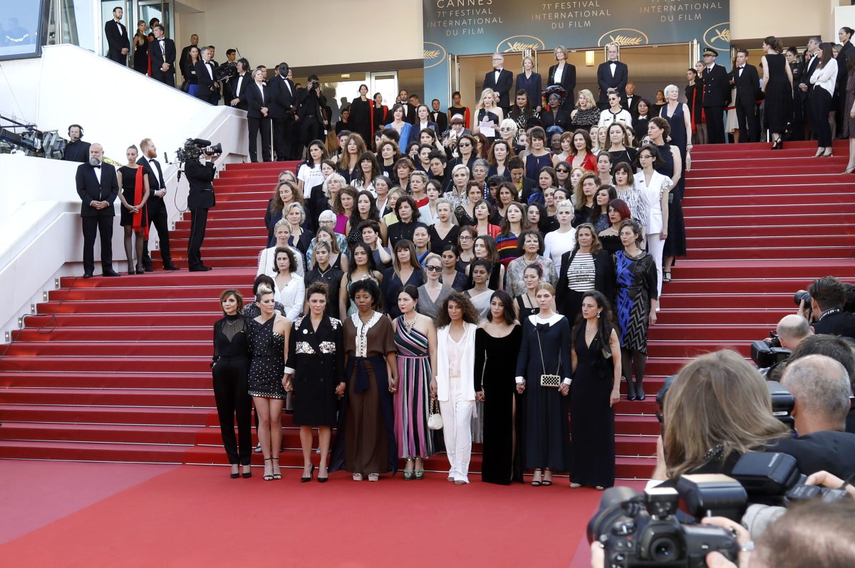 The 82 Protest - Actresses and filmmakers walk the red carpet in protest of the lack of female filmmakers honored throughout the history of the festival at the screening of 'Girls Of The Sun (Les Filles Du Soleil)' during the 71st annual Cannes Film Festival at the Palais des Festivals on May 12, 2018 in Cannes. - Only 82 films in competition in the official selection have been directed by women since the inception of the Cannes Film Festival whereas 1,645 films in the past 71 years have been directed by men. | Verwendung weltweit Photo by: Dave Bedrosian/Geisler-Fotopress/picture-alliance/dpa/AP Images