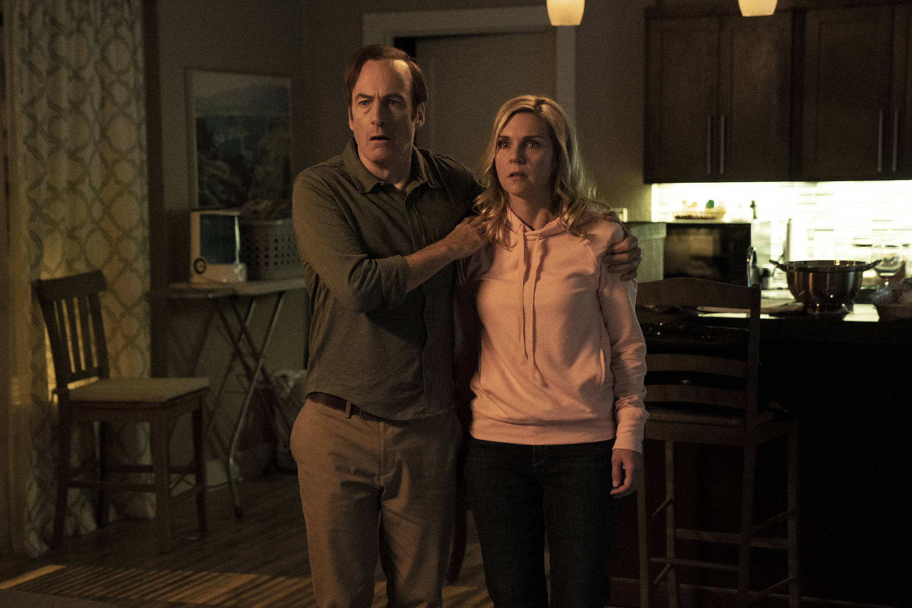 Bob Odenkirk as Saul Goodman, Rhea Seehorn as Kim Wexler - Better Call Saul _ Season 6, Episode 7 - Photo Credit: Greg Lewis/AMC/Sony Pictures Television