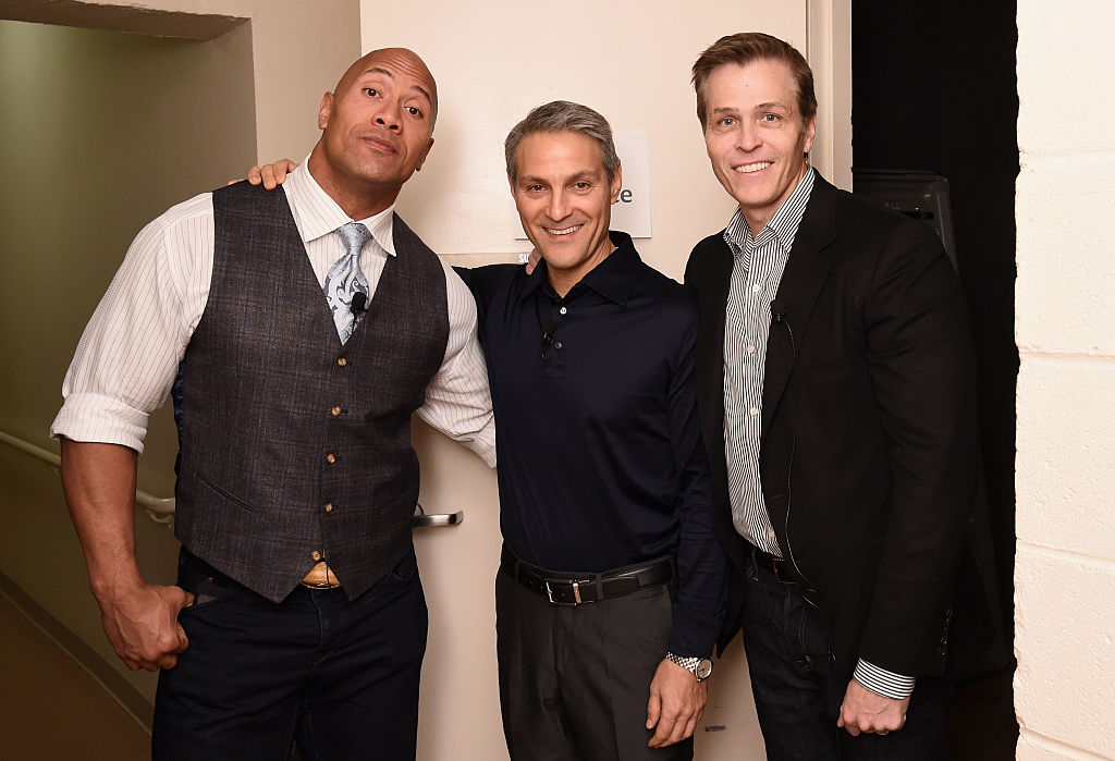 NEW YORK, NY - NOVEMBER 09: (L-R) Dwayne The Rock Johnson, Ari Emanuel and Patrick Whitesell appear backstage during 'The Next Intersection For Hollywood with William Morris Endeavor's Ari Emanuel, Patrick Whitesell and Dwayne The Rock Johnson' at the Fast Company Innovation Festival on November 9, 2015 in New York City. (Photo by Ilya S. Savenok/Getty Images for Fast Company)