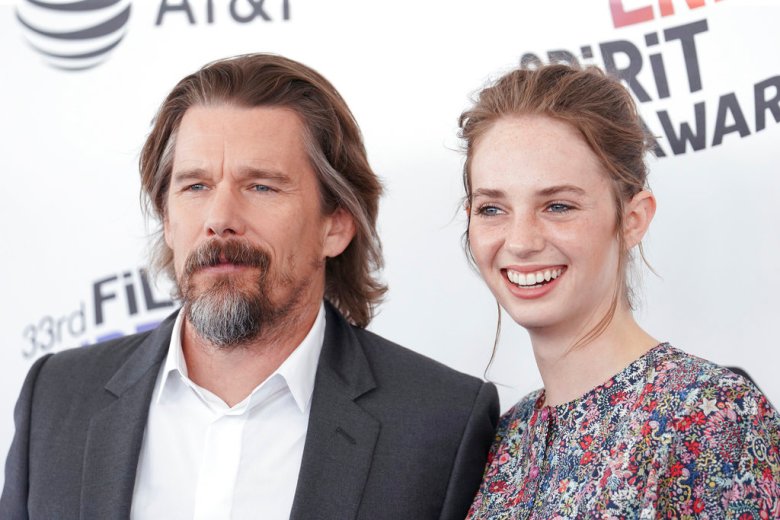 Ethan Hawke and Maya Hawke walking on the blue carpet during the 33rd Film Independent Spirit Awards on Santa Monica Beach in Santa Monica, California on March 3, 2018. (Photo by Anthony Behar/Sipa USA)(Sipa via AP Images)
