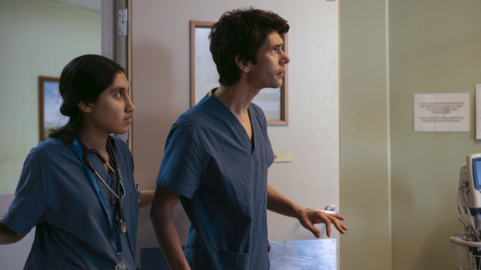 ADAM (Ben Whishaw) and SHRUTI (Ambika Mod) enter to see TRACY (Michele Austin) has pulled the emergency cord. With; TRISHNI (Anna Andreson); Richard Thomson (TRISHNI BF) - This is Going to Hurt _ Season 1, Episode 3 - Photo Credit: Anika Molnar/Sister Pictures/BBC Studios/AMC