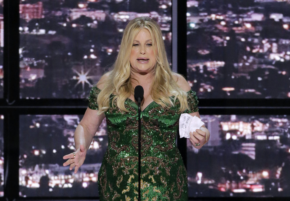 74th ANNUAL PRIMETIME EMMY AWARDS -- Pictured: Jennifer Coolidge accepts the Outstanding Supporting Actress in a Limited or Anthology Series or Movie for “The White Lotus on stage during the 74th Annual Primetime Emmy Awards held at the Microsoft Theater on September 12, 2022 -- (Photo by: Chris Haston/NBC)