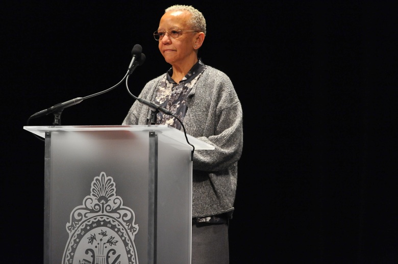WASHINGTON, DC - APRIL 07: Poet Nikki Giovanni speaks at the Maya Angelou Forever Stamp Dedicationat at the Warner Theatre on April 7, 2015 in Washington, DC. (Photo by Larry French/Getty Images)