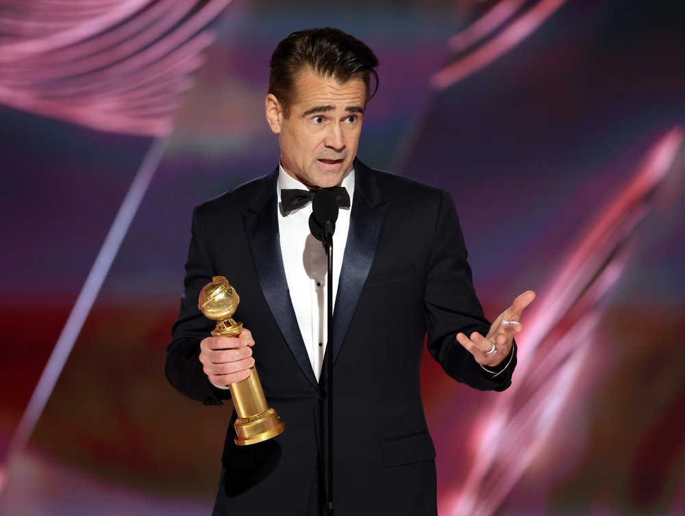 80th ANNUAL GOLDEN GLOBE AWARDS -- Pictured: Colin Farrell accepts the Best Actor in a Motion Picture – Musical or Comedy award for The Banshees of Inisherin at the 80th Annual Golden Globe Awards held at the Beverly Hilton Hotel on January 10, 2023 -- (Photo by: Rich Polk/NBC)
