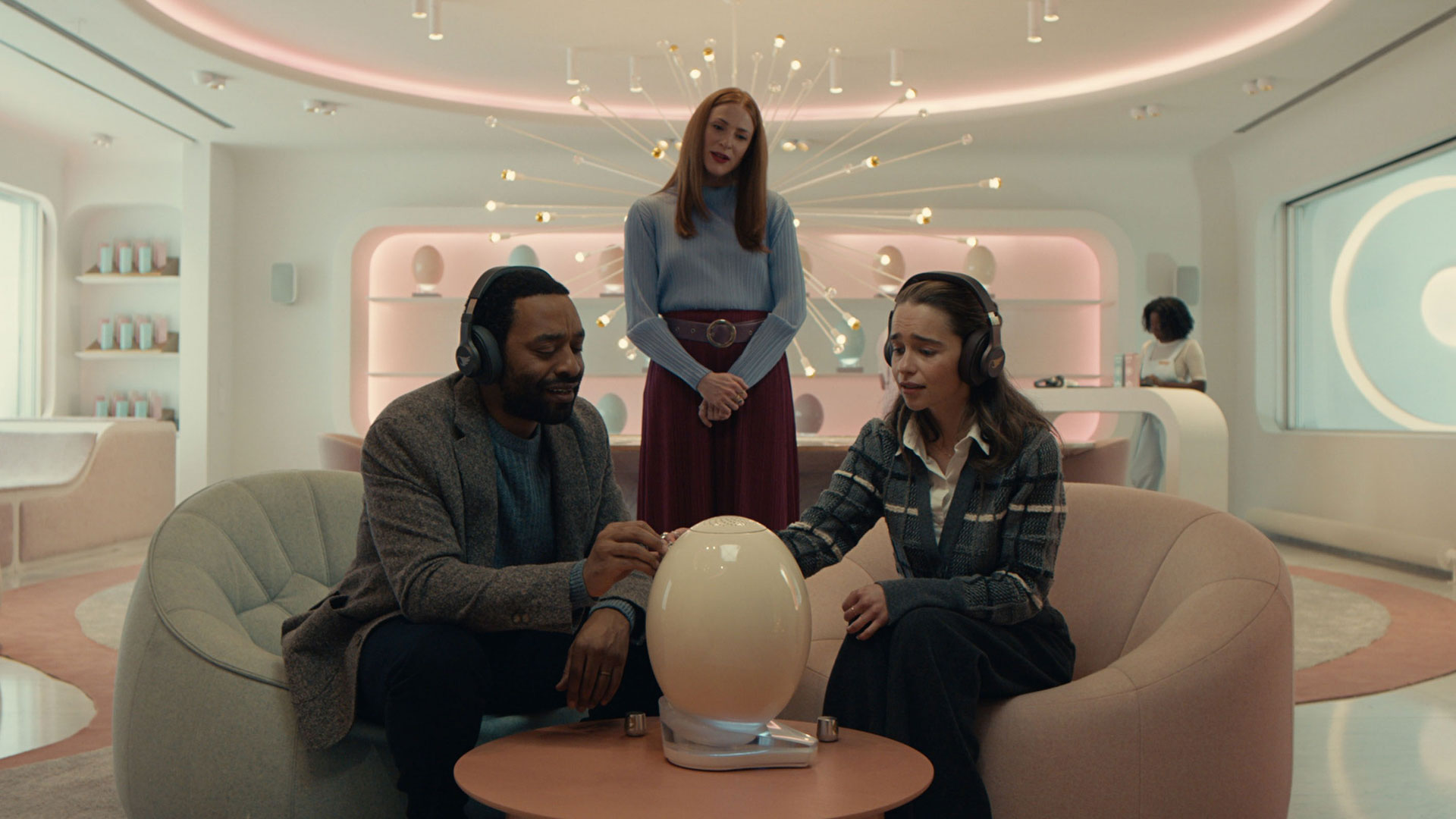 Emilia Clarke, Chiwetel and Rosalie Craig appear in a still from <i>The Pod Generation</i> by Sophie Barthes, an official selection of the Premieres program at the 2023 Sundance Film Festival. Courtesy of Sundance Institute | photo by Andrij Parekh.