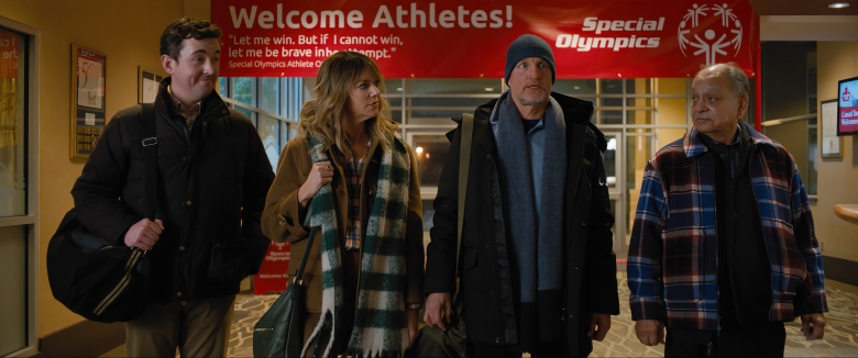 (L to R) Matt Cook as Sonny, Kaitlin Olson as Alex, Woody Harrelson as Marcus, and Cheech Marin as Julio in director Bobby Farrelly's CHAMPIONS, a Focus Features release. Credit : Courtesy of Focus Features