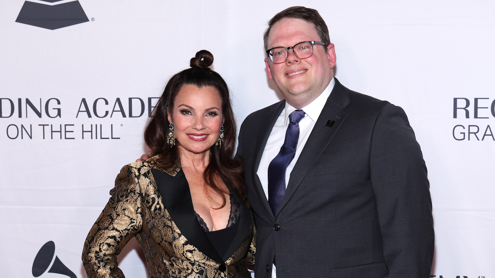 WASHINGTON, DC - APRIL 26: (L-R) Actress Fran Drescher and Duncan Crabtree-Ireland, National Executive Director and Chief Negotiator of SAG-AFTRA attend Grammys On The Hill: Awards Dinner at The Hamilton on April 26, 2023 in Washington, DC. (Photo by Paul Morigi/Getty Images for The Recording Academy)